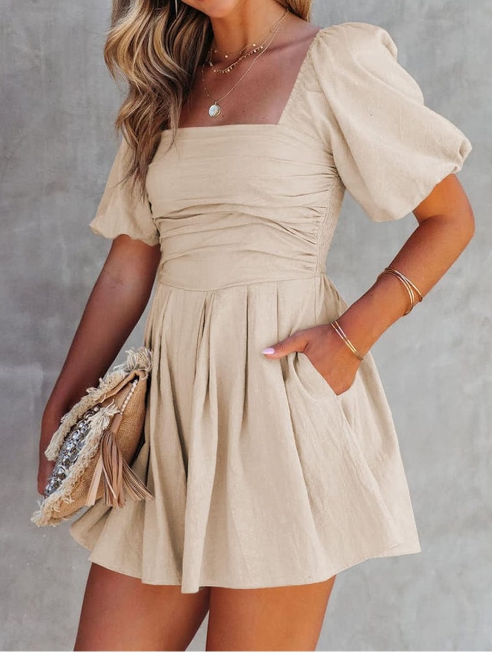 Beige Puff Sleeve Square Neck Romper Mini Dress